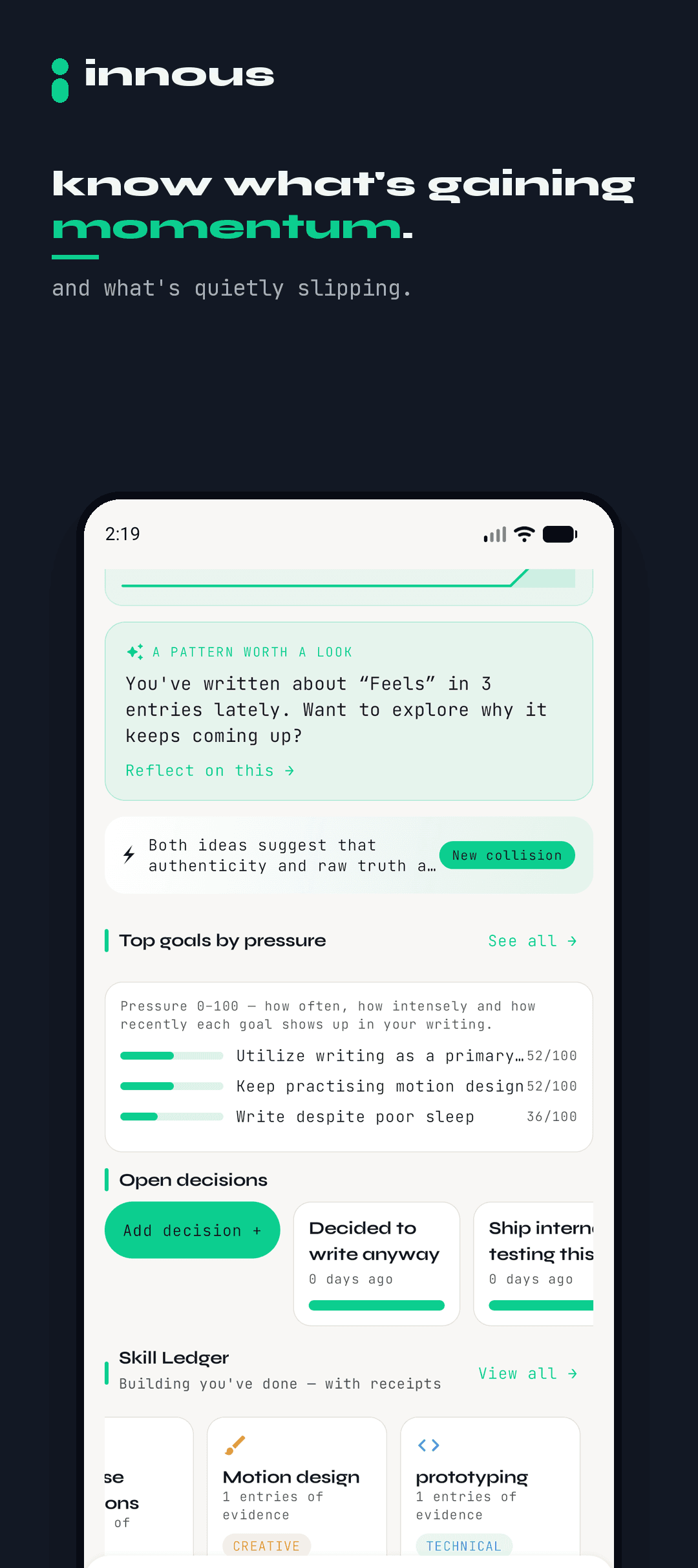 The Innous Home screen with consistency heatmap