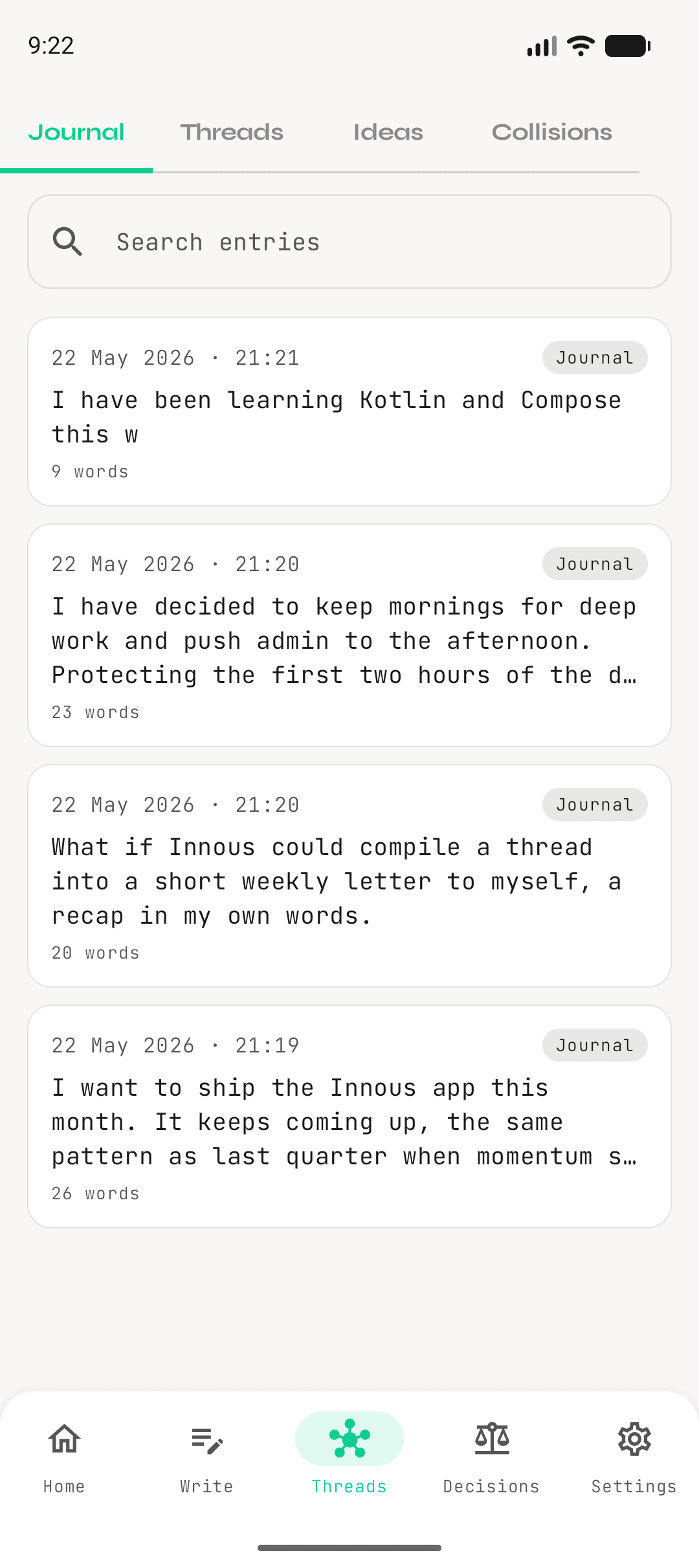 The Innous journal screen